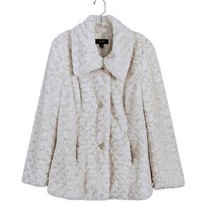 Alfani Faux Fur Rosette Coat Button Front Cream Sz L EUC